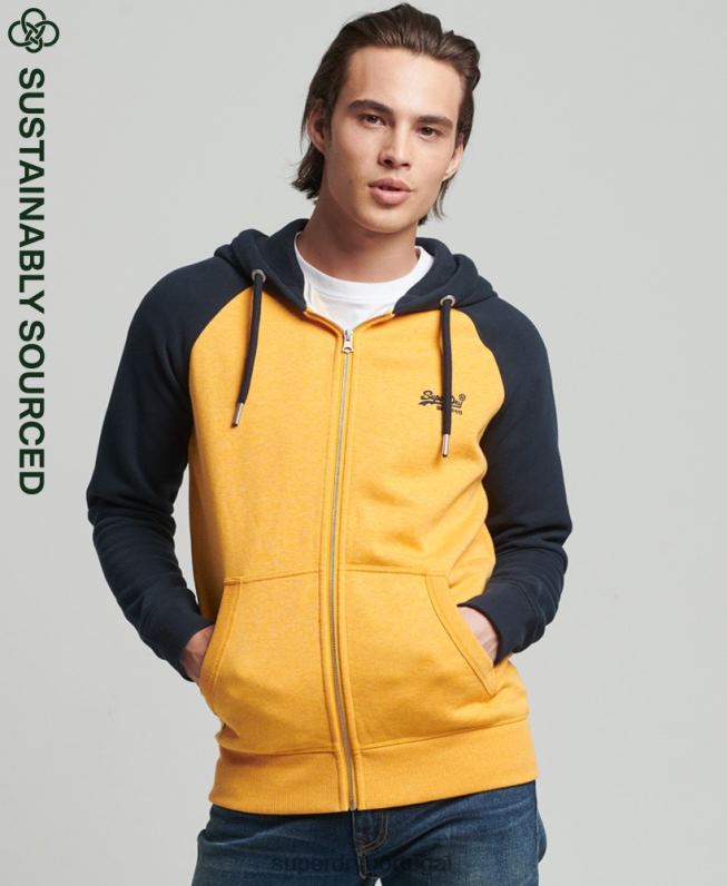 moletom com capuz e zíper vintage de algodão orgânico homens amarelo roupas Superdry 2208H5174