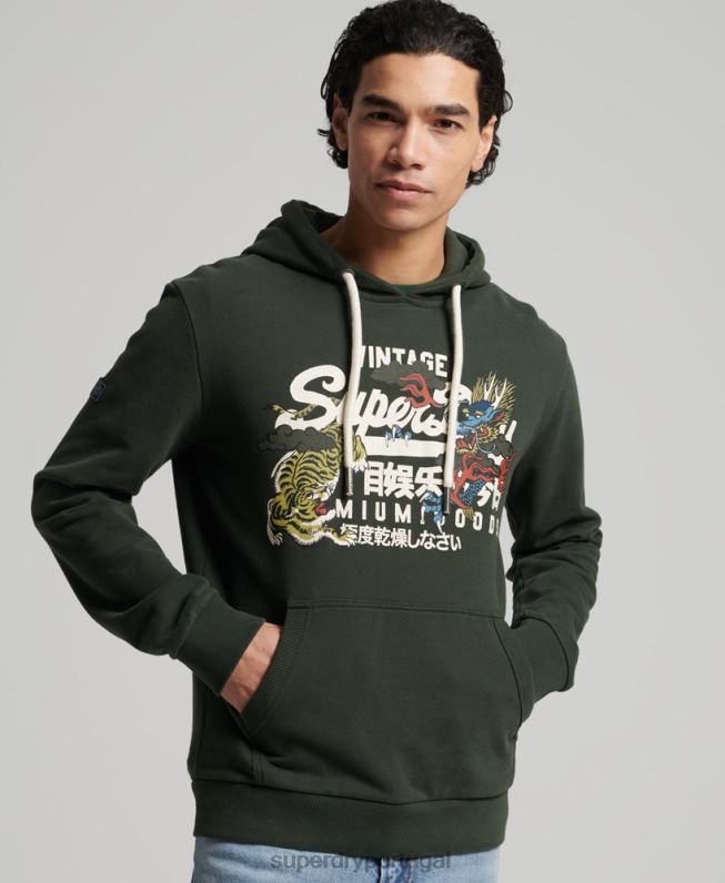 moletom com capuz narrativa não escovada com logo vintage homens verde roupas Superdry 2208H884