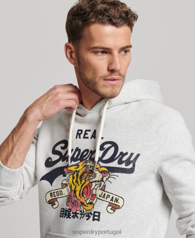 moletom com capuz narrativo com logo vintage homens cinza claro roupas Superdry 2208H615