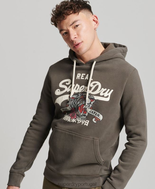 moletom com capuz narrativo com logo vintage homens cinza escuro roupas Superdry 2208H535