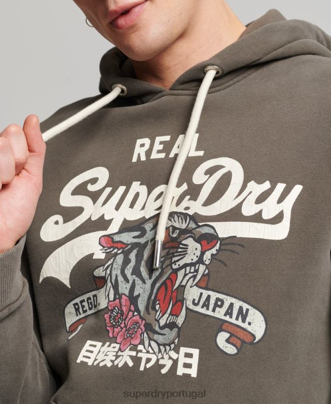 moletom com capuz narrativo com logo vintage homens cinza escuro roupas Superdry 2208H535