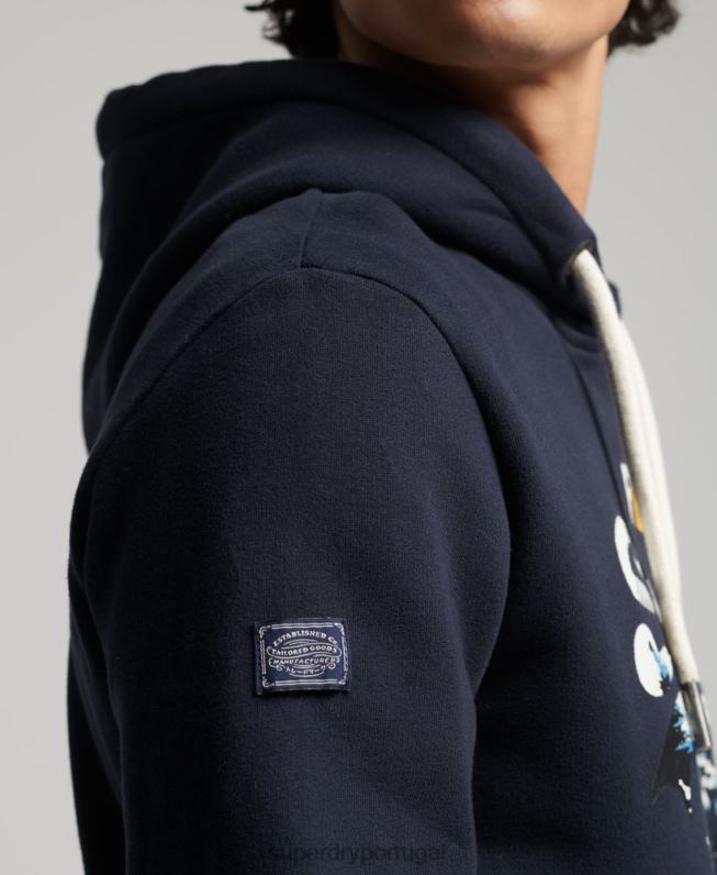 moletom com capuz narrativo com logo vintage homens marinha roupas Superdry 2208H5186