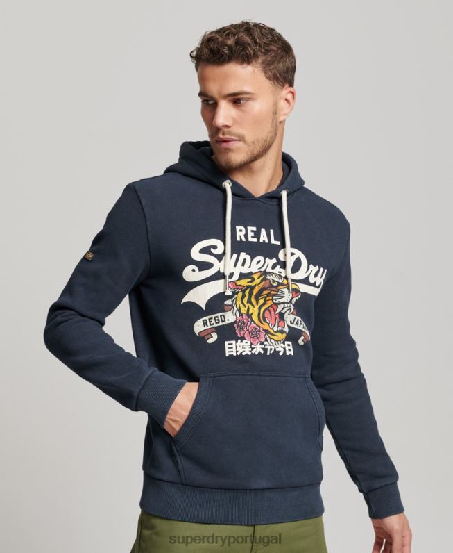 moletom com capuz narrativo com logo vintage homens marinha roupas Superdry 2208H568