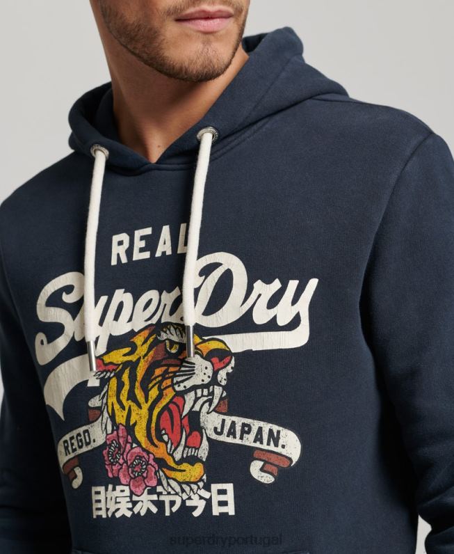moletom com capuz narrativo com logo vintage homens marinha roupas Superdry 2208H568