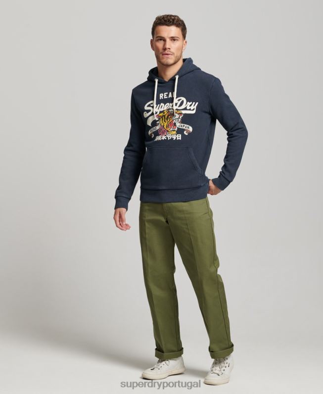 moletom com capuz narrativo com logo vintage homens marinha roupas Superdry 2208H568