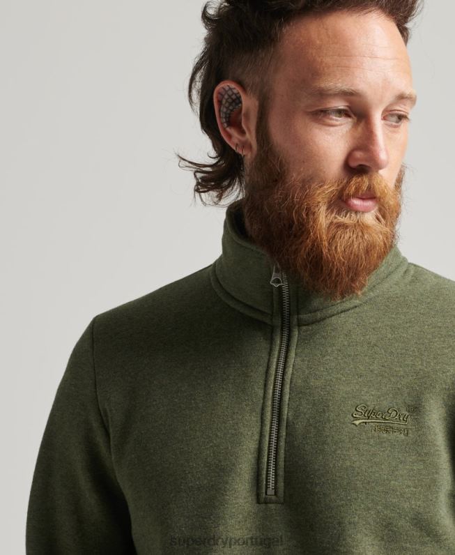 moletom com logo essencial de algodão orgânico e meio zíper homens caqui roupas Superdry 2208H5092