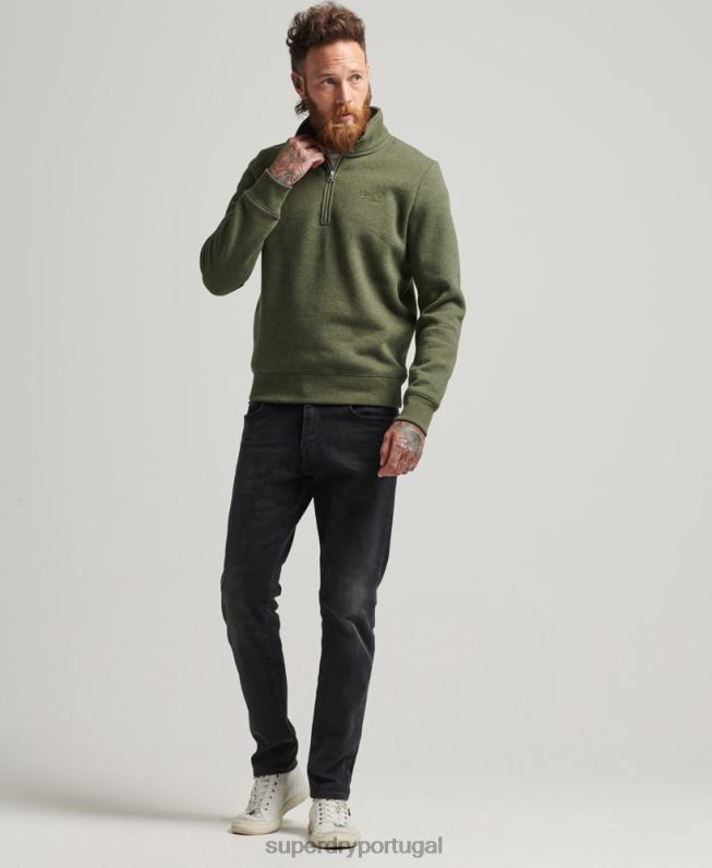 moletom com logo essencial de algodão orgânico e meio zíper homens caqui roupas Superdry 2208H5092