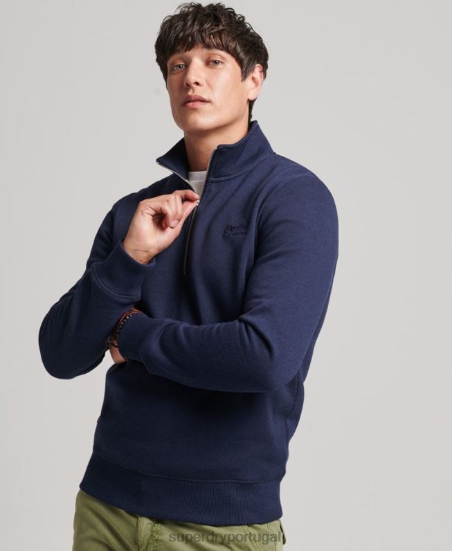 moletom com logo essencial de algodão orgânico e meio zíper homens marinha roupas Superdry 2208H5062