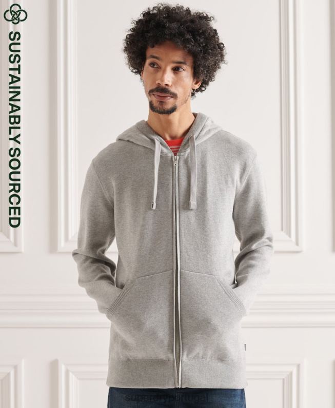 moletom com zíper de algodão orgânico essencial homens cinza claro roupas Superdry 2208H5299