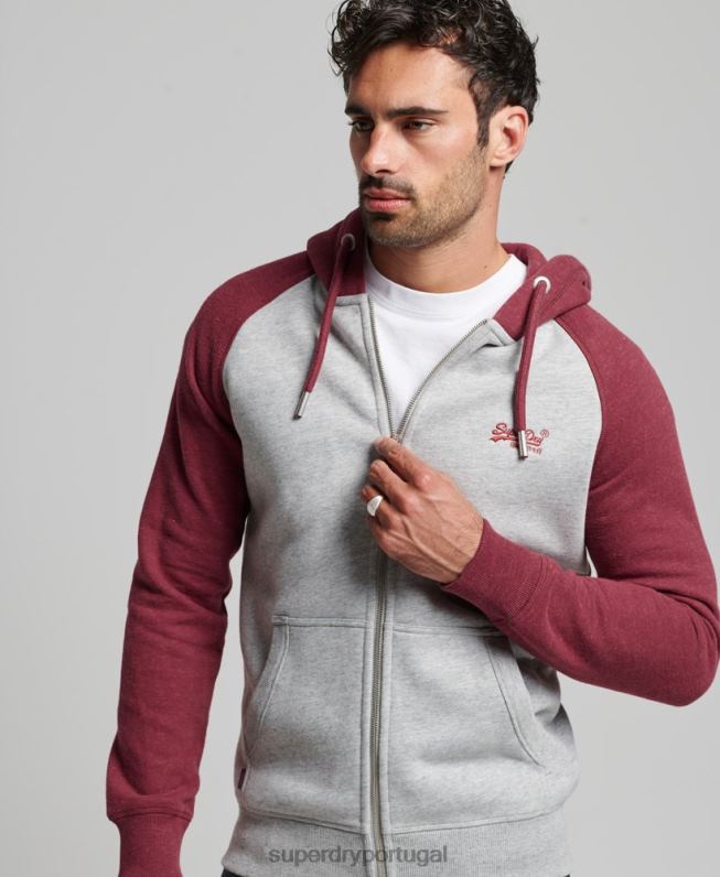 moletom com zíper de beisebol bordado com logo vintage homens cinza claro roupas Superdry 2208H557