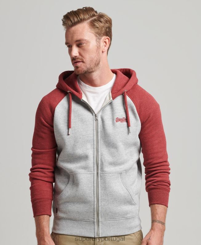 moletom com zíper de beisebol com logotipo essencial de algodão orgânico homens cinza claro roupas Superdry 2208H498