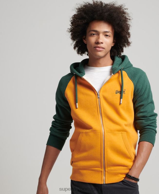 moletom com zíper de beisebol com logotipo essencial de algodão orgânico homens ouro roupas Superdry 2208H803