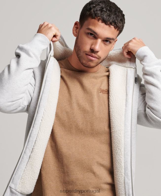 moletom com zíper forrado essencial borg homens cinza claro roupas Superdry 2208H534