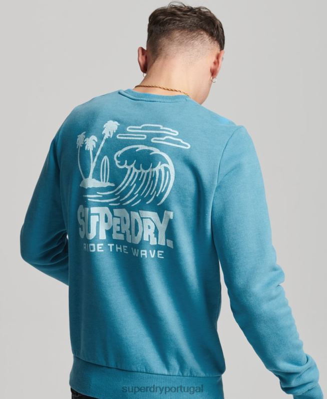 moletom da equipe de adesivo de viagem homens azul roupas Superdry 2208H589