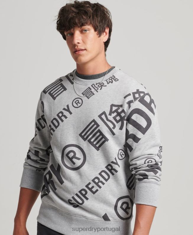 moletom solto da tripulação com logo estampado homens cinza roupas Superdry 2208H741