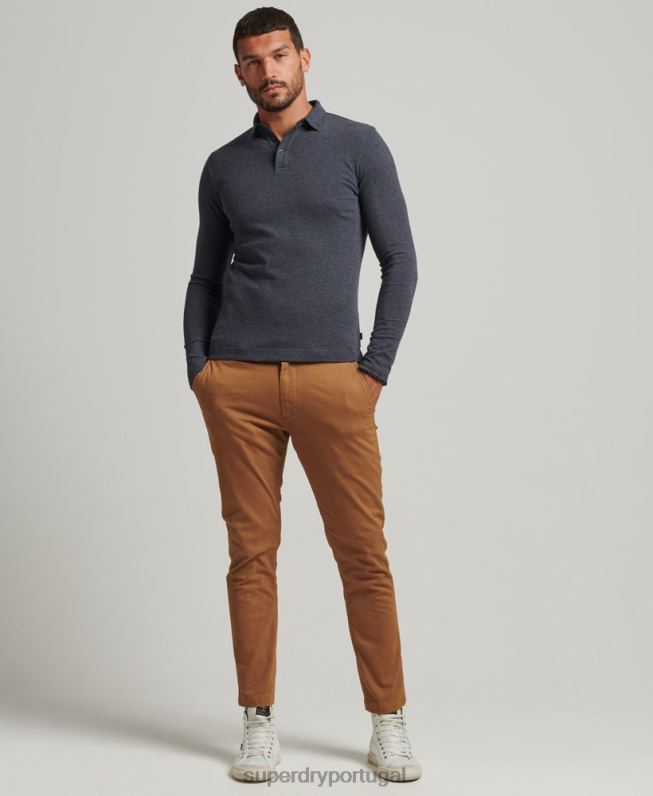 camisa pólo manga longa em jersey de algodão homens marinha roupas Superdry 2208H6448