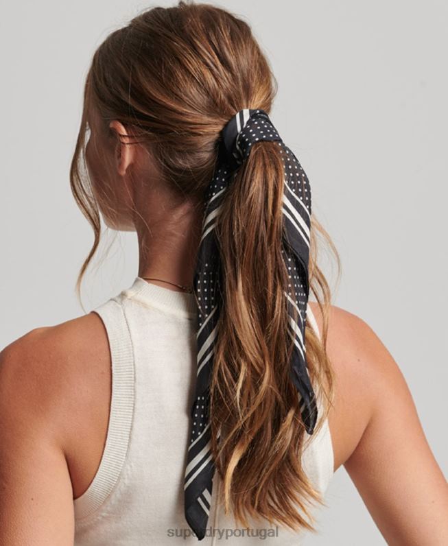 lenço de seda quadrado estampado mulheres preto acessórios Superdry 2208H4212