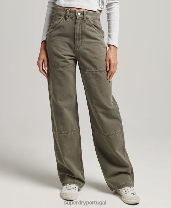 calças de carpinteiro de perna larga mulheres caqui roupas Superdry 2208H2583