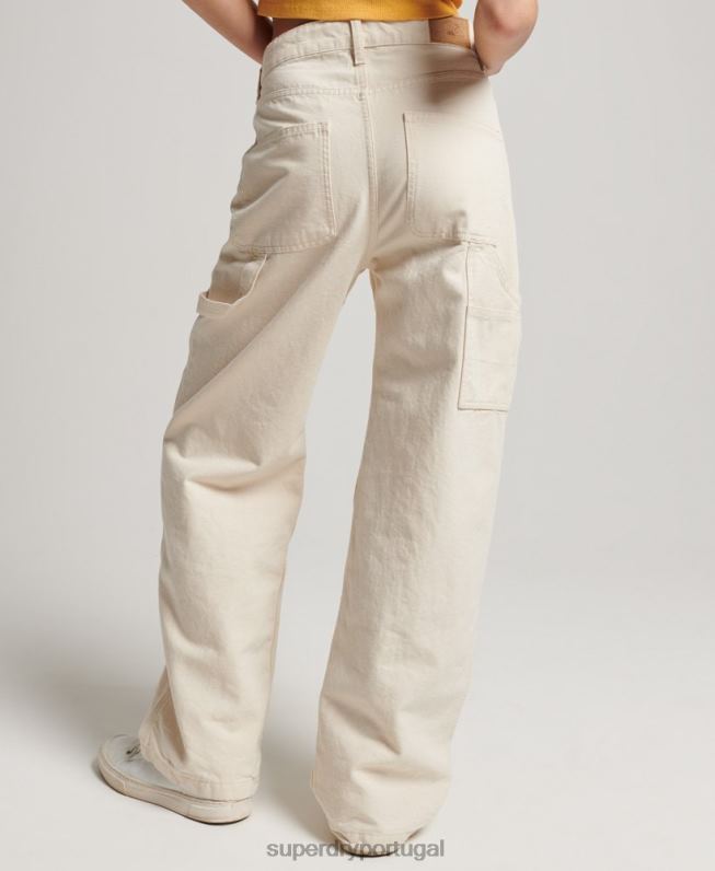 calças de carpinteiro largas vintage de algodão orgânico mulheres creme roupas Superdry 2208H2573