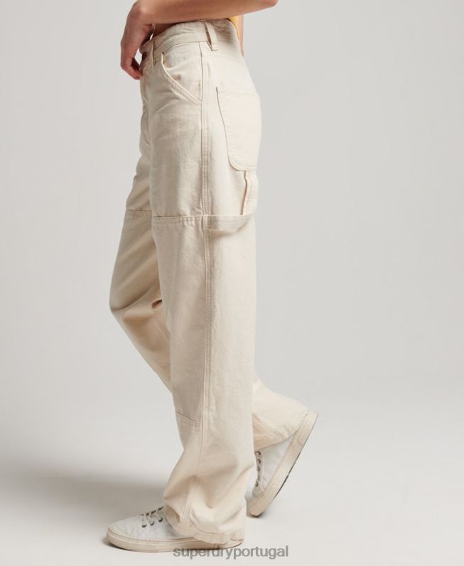 calças de carpinteiro largas vintage de algodão orgânico mulheres creme roupas Superdry 2208H2573