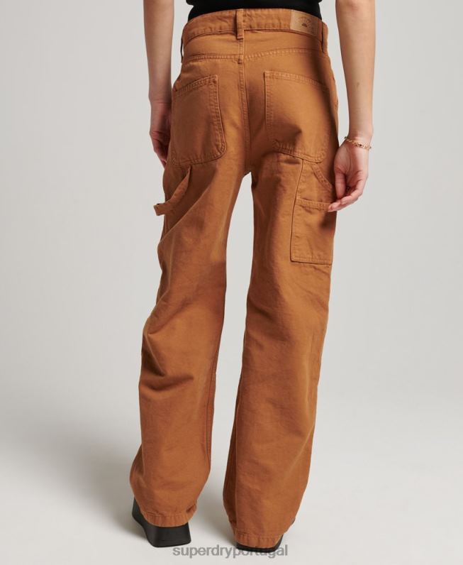 calças de carpinteiro largas vintage de algodão orgânico mulheres marrom roupas Superdry 2208H2561