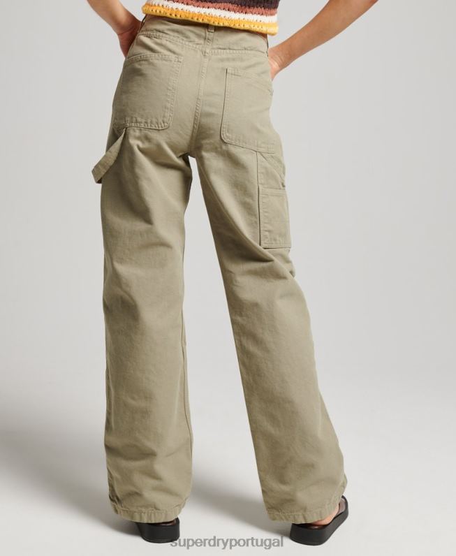calças de carpinteiro largas vintage de algodão orgânico mulheres verde roupas Superdry 2208H2556