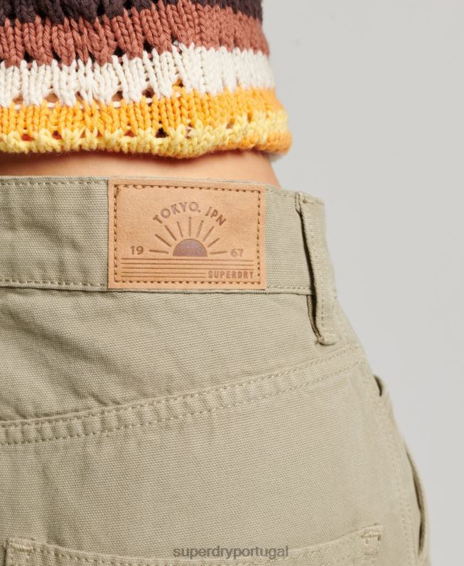 calças de carpinteiro largas vintage de algodão orgânico mulheres verde roupas Superdry 2208H2556