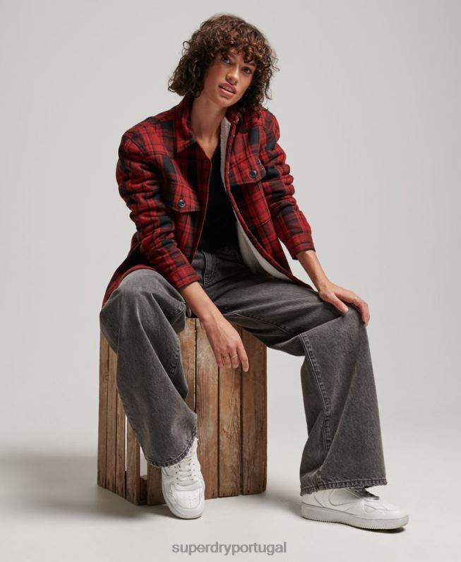 borg camisa xadrez de flanela mulheres vermelho roupas Superdry 2208H2886