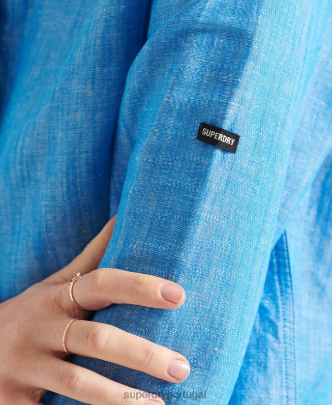 camisa de linho estúdios avô mulheres azul roupas Superdry 2208H3066
