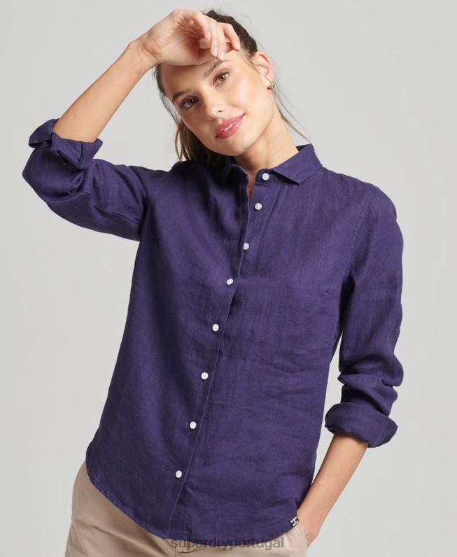 camisa de manga longa de linho studios mulheres marinha roupas Superdry 2208H6513