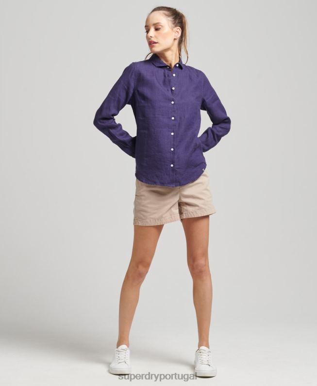 camisa de manga longa de linho studios mulheres marinha roupas Superdry 2208H6513