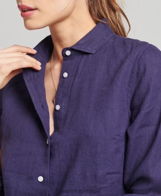 camisa de manga longa de linho studios mulheres marinha roupas Superdry 2208H6513