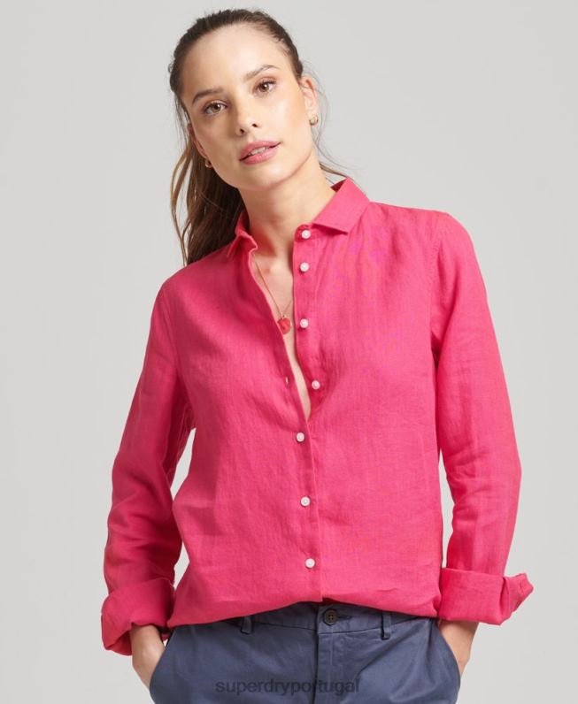 camisa de manga longa de linho studios mulheres rosa roupas Superdry 2208H6538