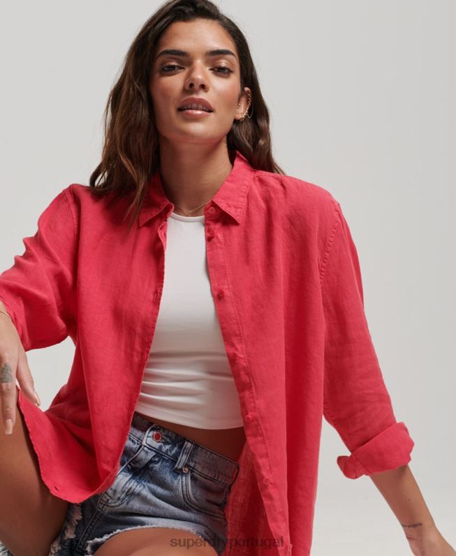 camisa de namorado de linho casual mulheres rosa roupas Superdry 2208H2007