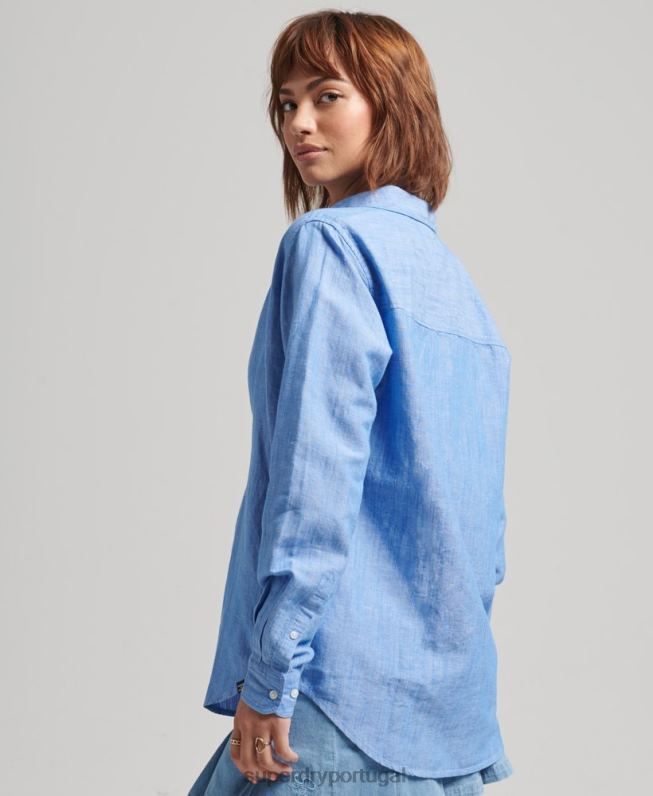 camisa de namorado de linho mulheres azul roupas Superdry 2208H6526
