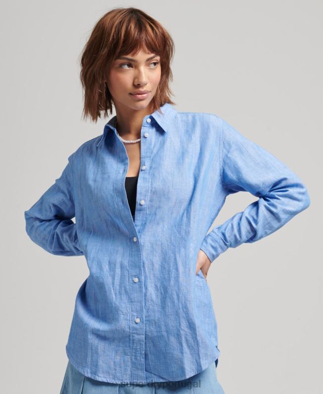 camisa de namorado de linho mulheres azul roupas Superdry 2208H6526