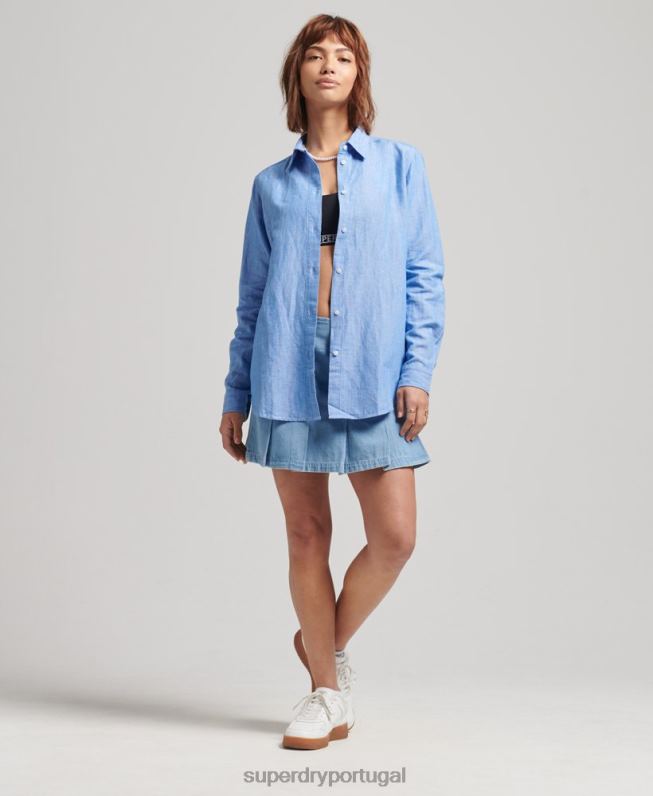 camisa de namorado de linho mulheres azul roupas Superdry 2208H6526