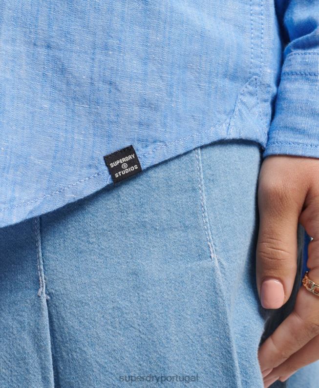camisa de namorado de linho mulheres azul roupas Superdry 2208H6526