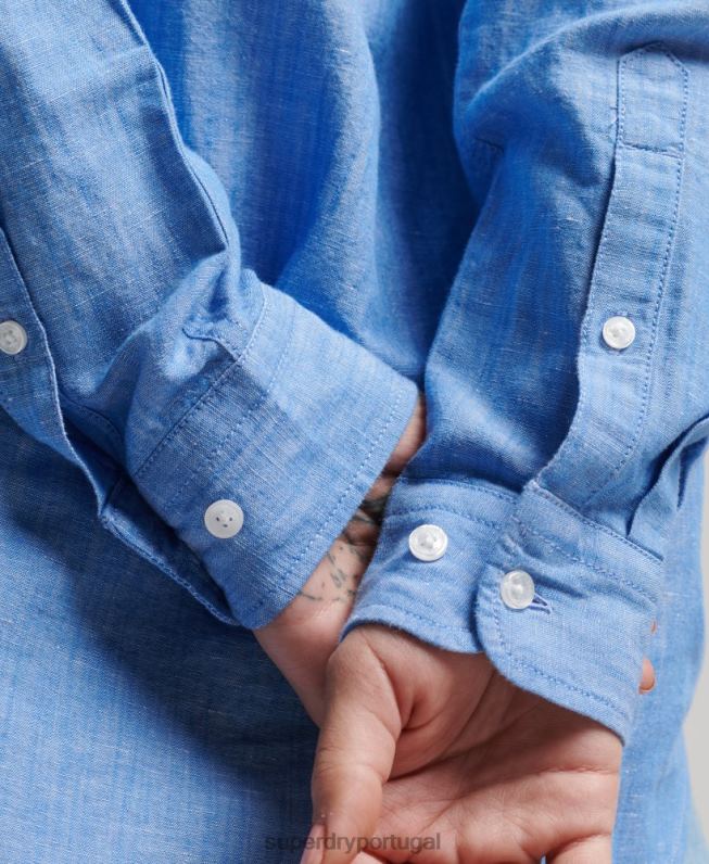 camisa de namorado de linho mulheres azul roupas Superdry 2208H6526