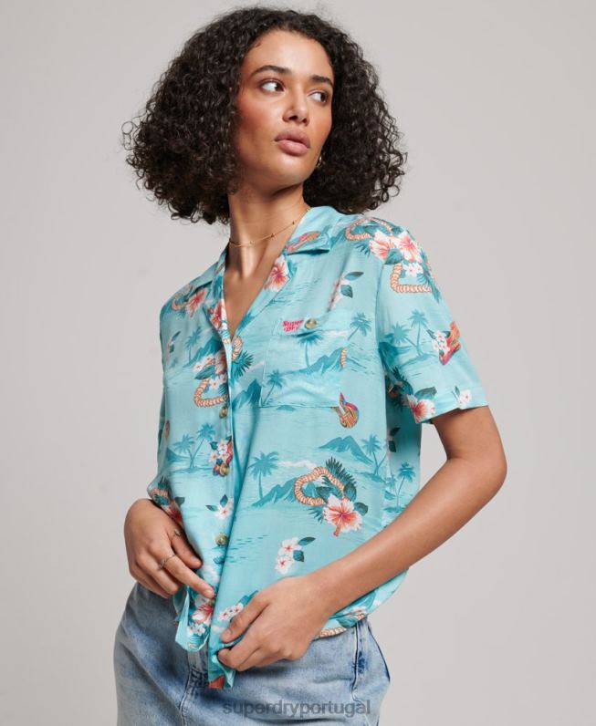 camisa resort de praia mulheres azul claro roupas Superdry 2208H2874