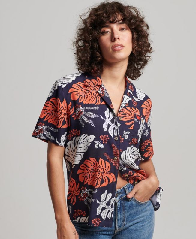 camisa resort de praia mulheres marinha roupas Superdry 2208H2934