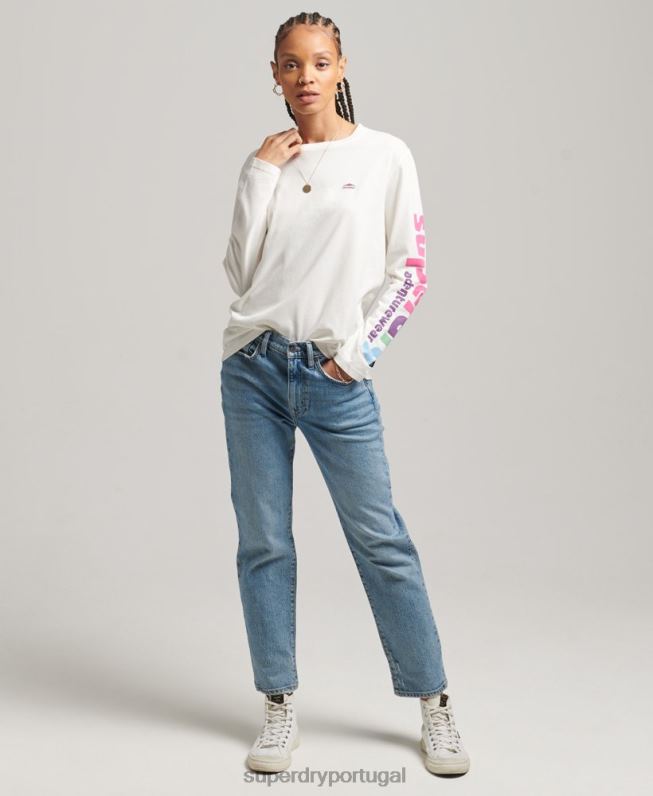 Blusa manga longa estilo anos 90 mulheres branco roupas Superdry 2208H6745