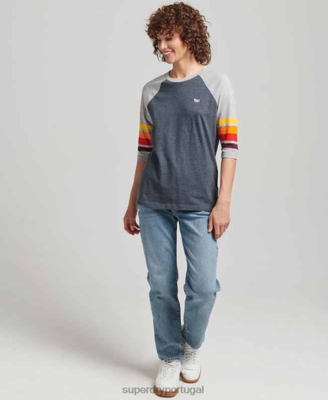Camiseta algodão orgânico cali listra 2.0 raglan mulheres marinha roupas Superdry 2208H6260