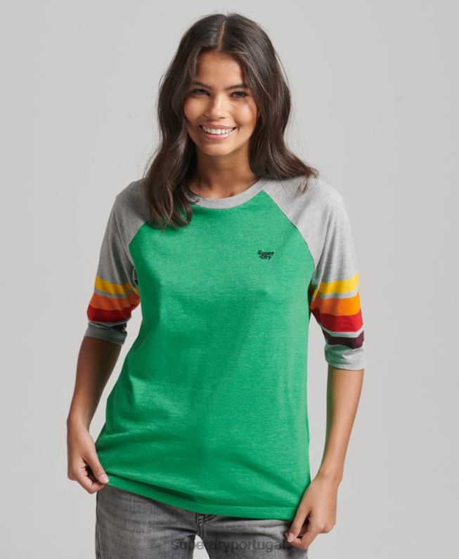 Camiseta algodão orgânico cali listra 2.0 raglan mulheres verde roupas Superdry 2208H2829