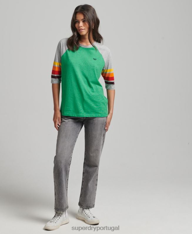 Camiseta algodão orgânico cali listra 2.0 raglan mulheres verde roupas Superdry 2208H2829