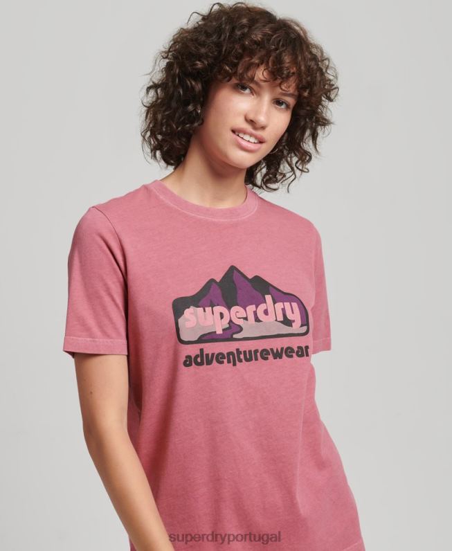 T-shirt com gráfico de terreno dos anos 90 mulheres rosa roupas Superdry 2208H6210