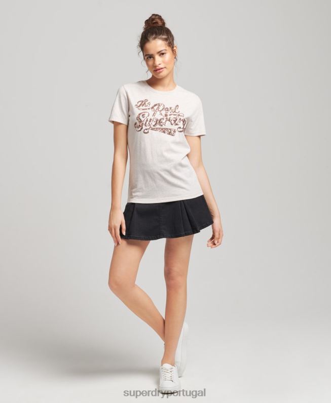 a camiseta de entrada de lantejoulas real mulheres bege roupas Superdry 2208H2796