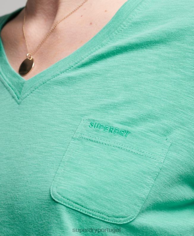 blusa de manga longa com bolso e decote em V de algodão orgânico mulheres azul claro roupas Superdry 2208H6595