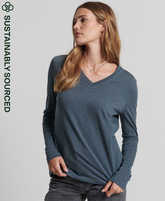 blusa de manga longa com bolso e decote em V de algodão orgânico mulheres azul roupas Superdry 2208H6645