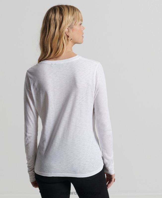 blusa de manga longa com bolso e decote em V de algodão orgânico mulheres branco roupas Superdry 2208H6556
